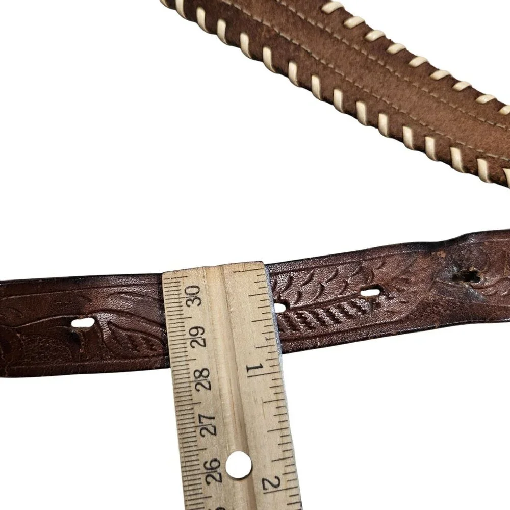 Vintage Tooled Steerhide Leather Belt With‎ Beaded Design Metal Buckle 32